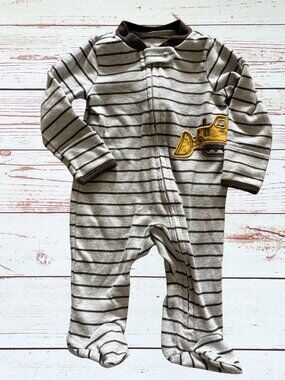 Carter's 3 Month Baby Gray Striped Bulldozer Print Footie With Fold-Over Mitten